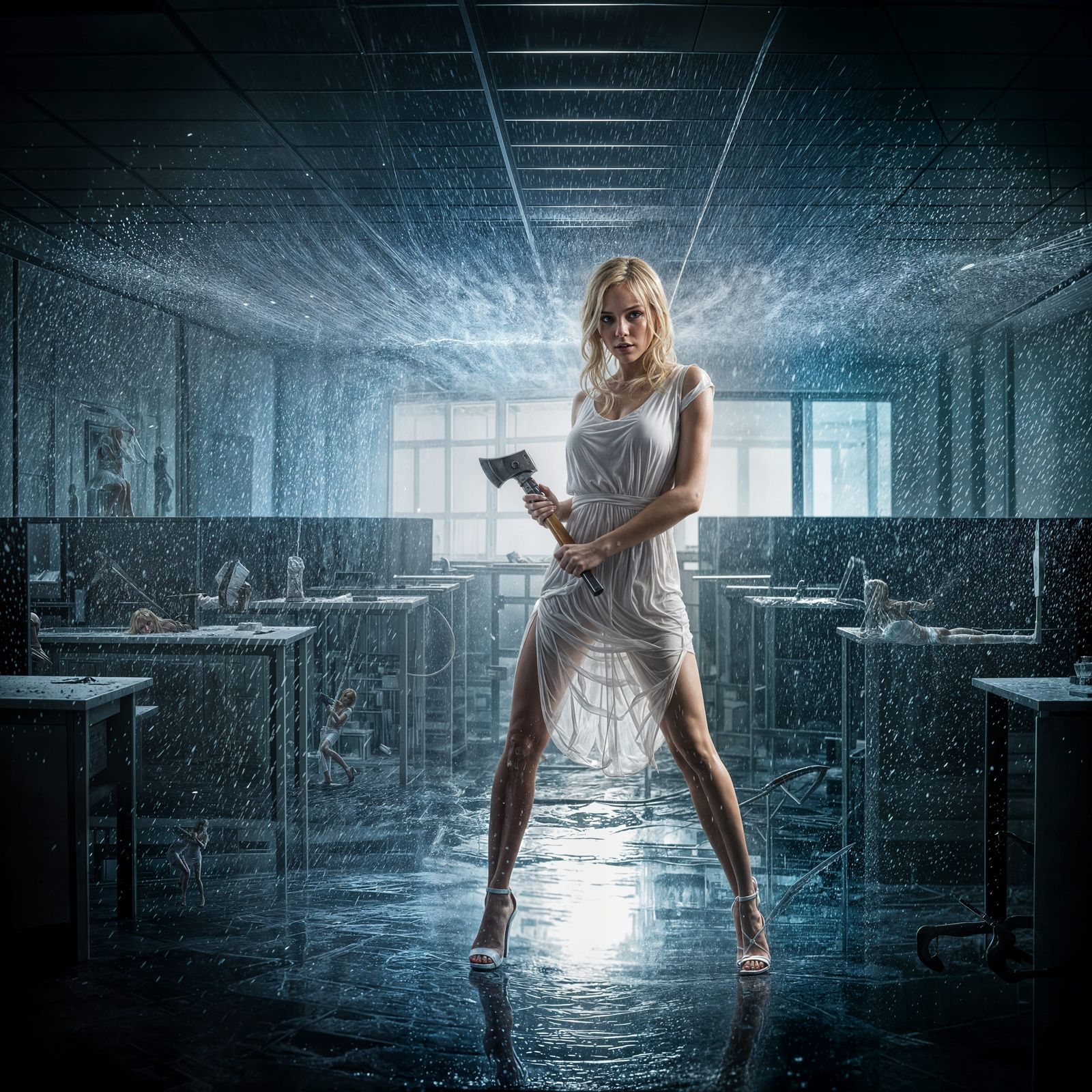 Blonde Woman Fighting Zombies with Axe