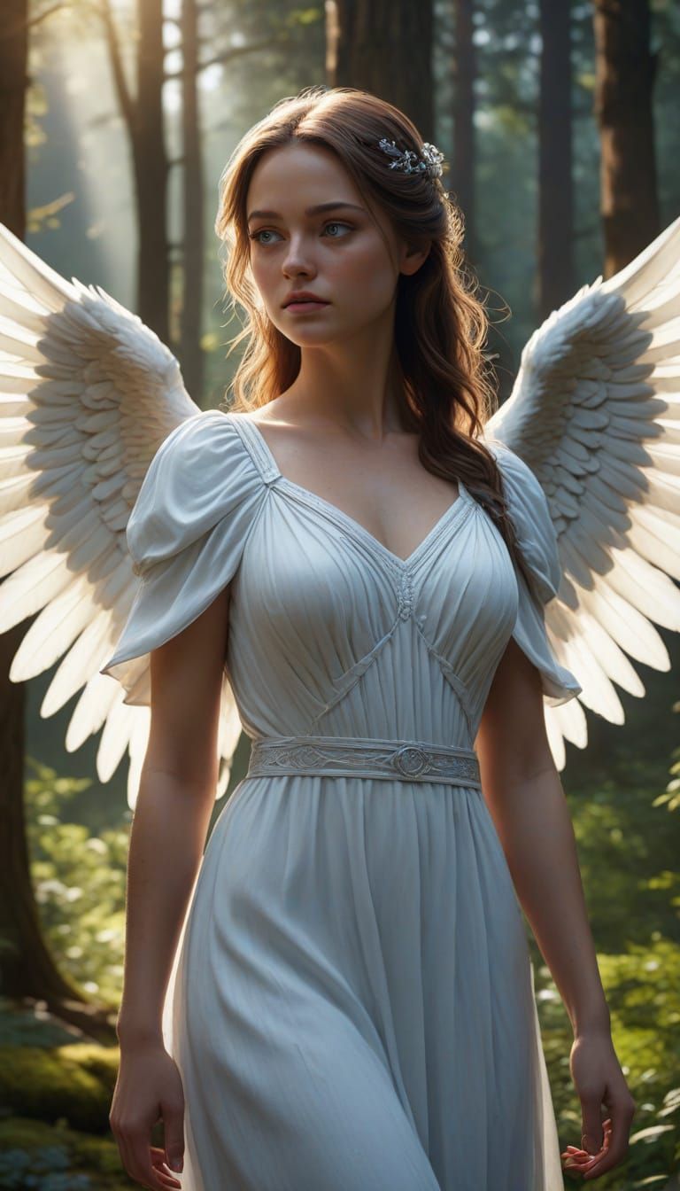 Young Angel with Steel Blue Eyes in Forest Clearing