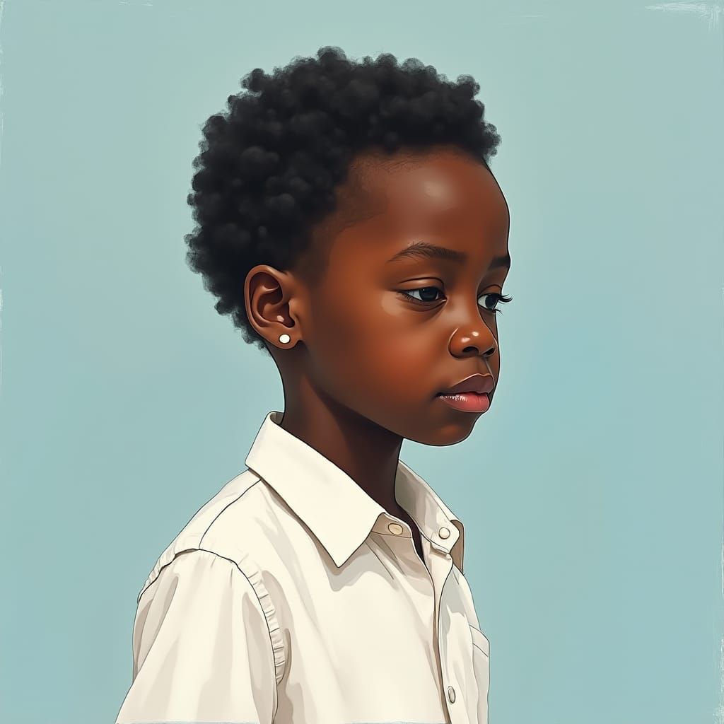 Melancholic Child Portrait in Watercolor and Encaustic Style