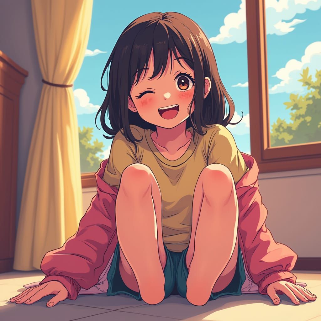 Joyful Girl with Vibrant Feet in Flat Manga Style