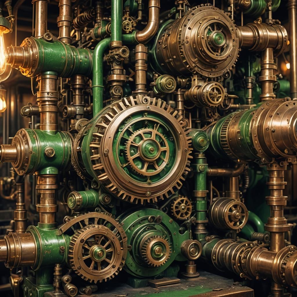 Intricate Steampunk Engine Emitting Eerie Green Steam