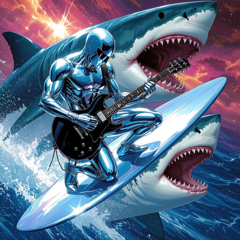 Silver Surfer Shreds Guitar over Great White Shark