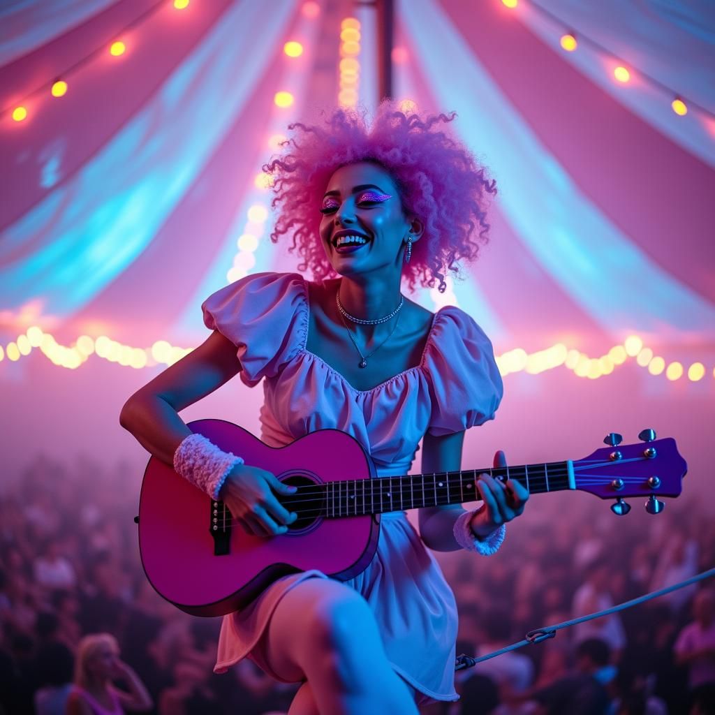 Happy Clown Plays Ukulele in Neon Circus