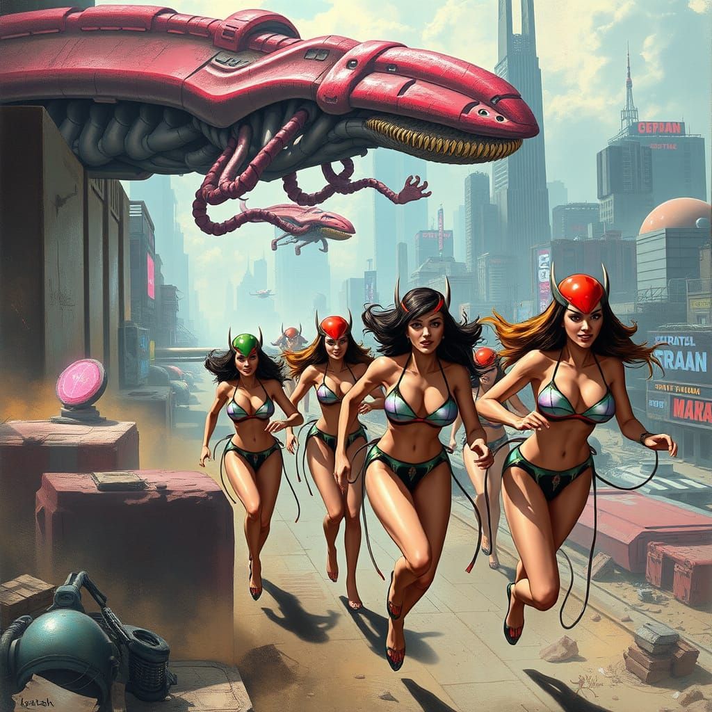 Women in Bikinis Flee Martian Invasion: Neofuturistic Art