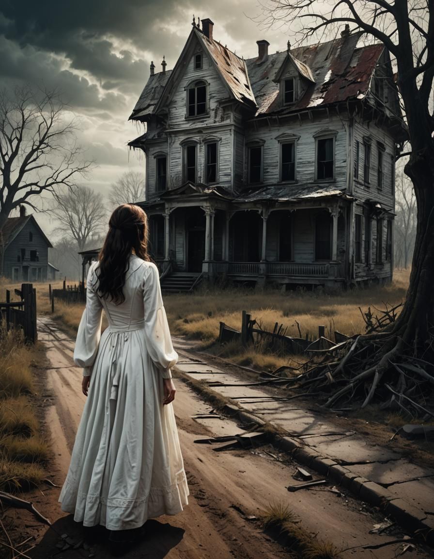 Gothic Horror: Woman in White at Abandoned House