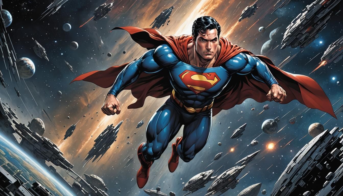Superman Soaring Through Space: Comic Book Art