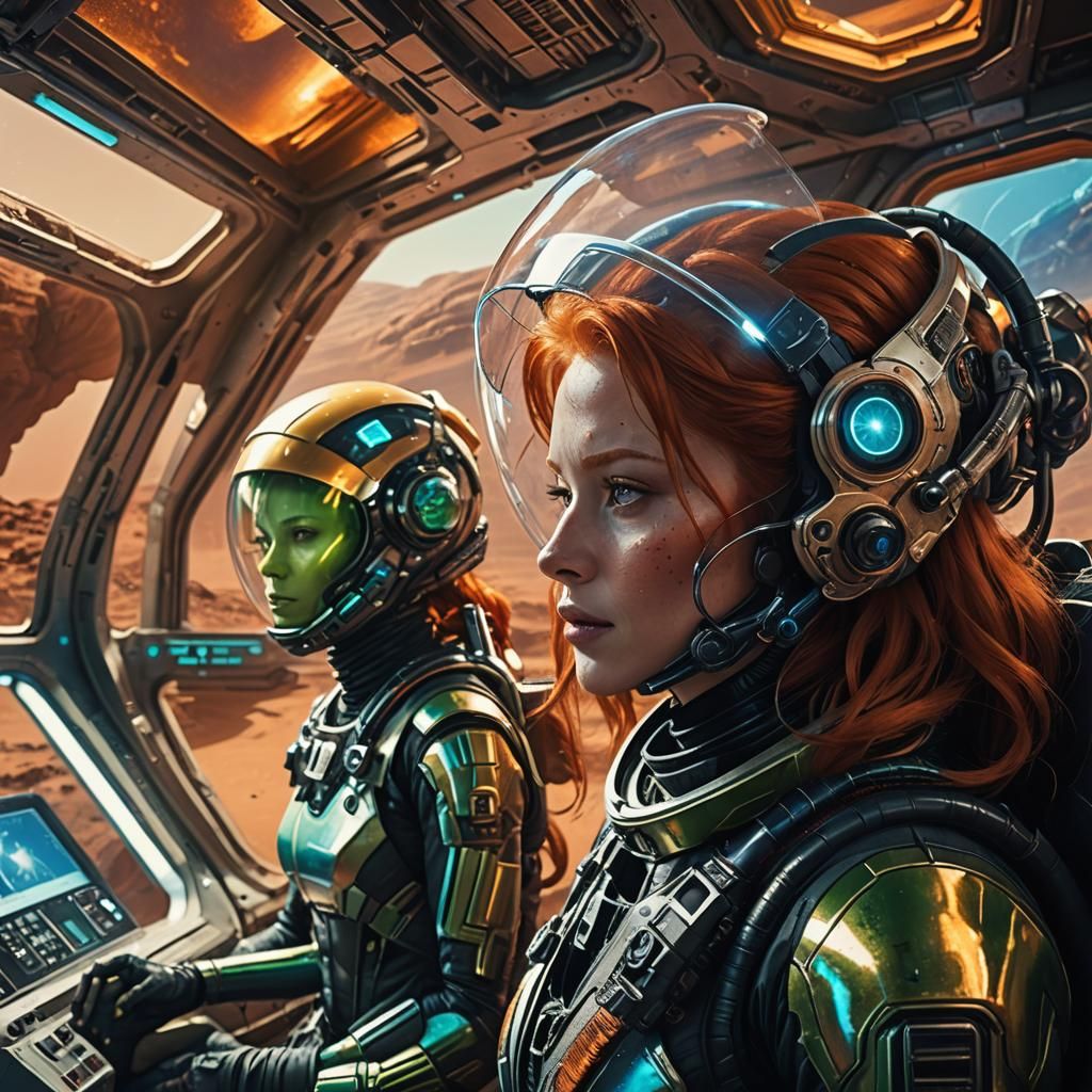 Redhead Astronaut and Alien Friend on Mars