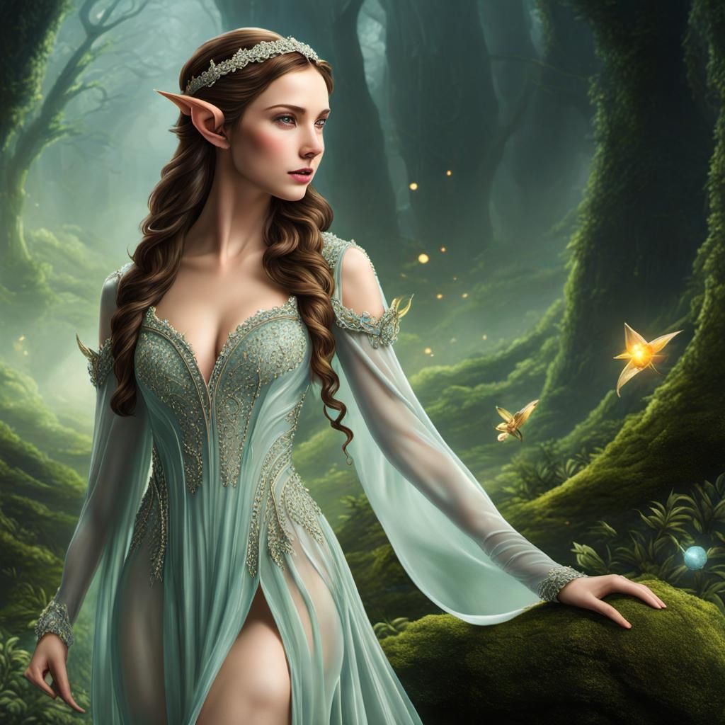 Ethereal Elf in Transparent Gown: Fantasy Art