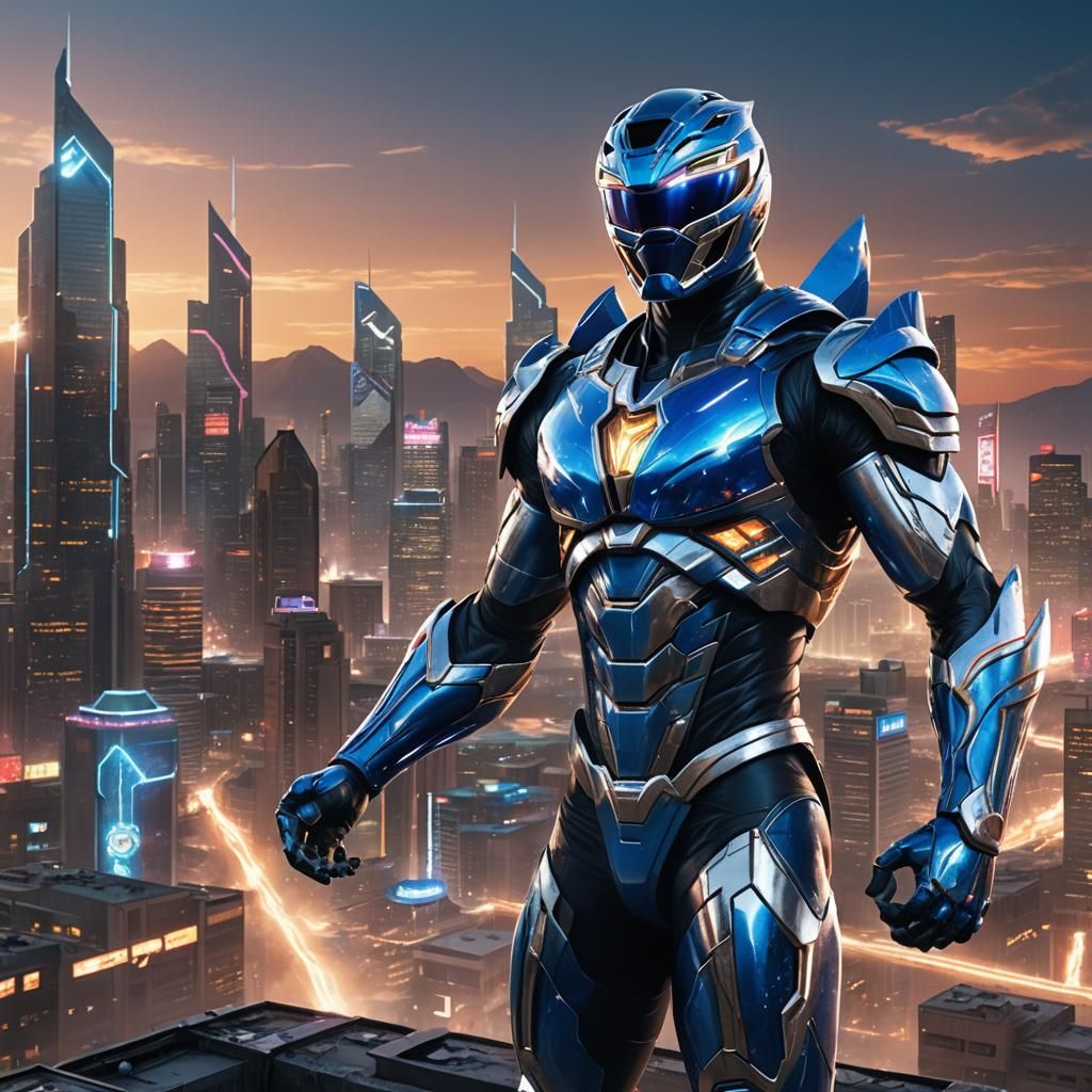 Heroic Power Ranger in Futuristic Cityscape