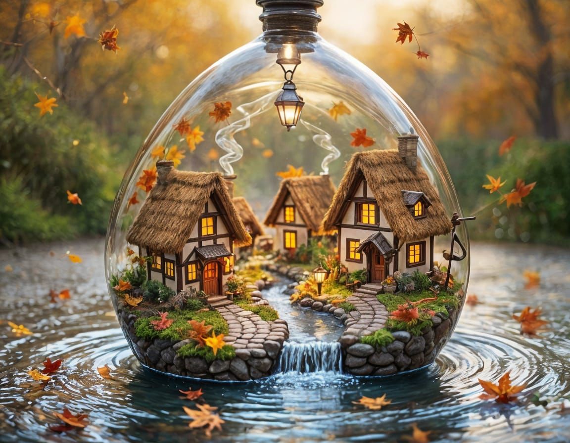 Tiny Autumn Village Inside a Falling Water Drop