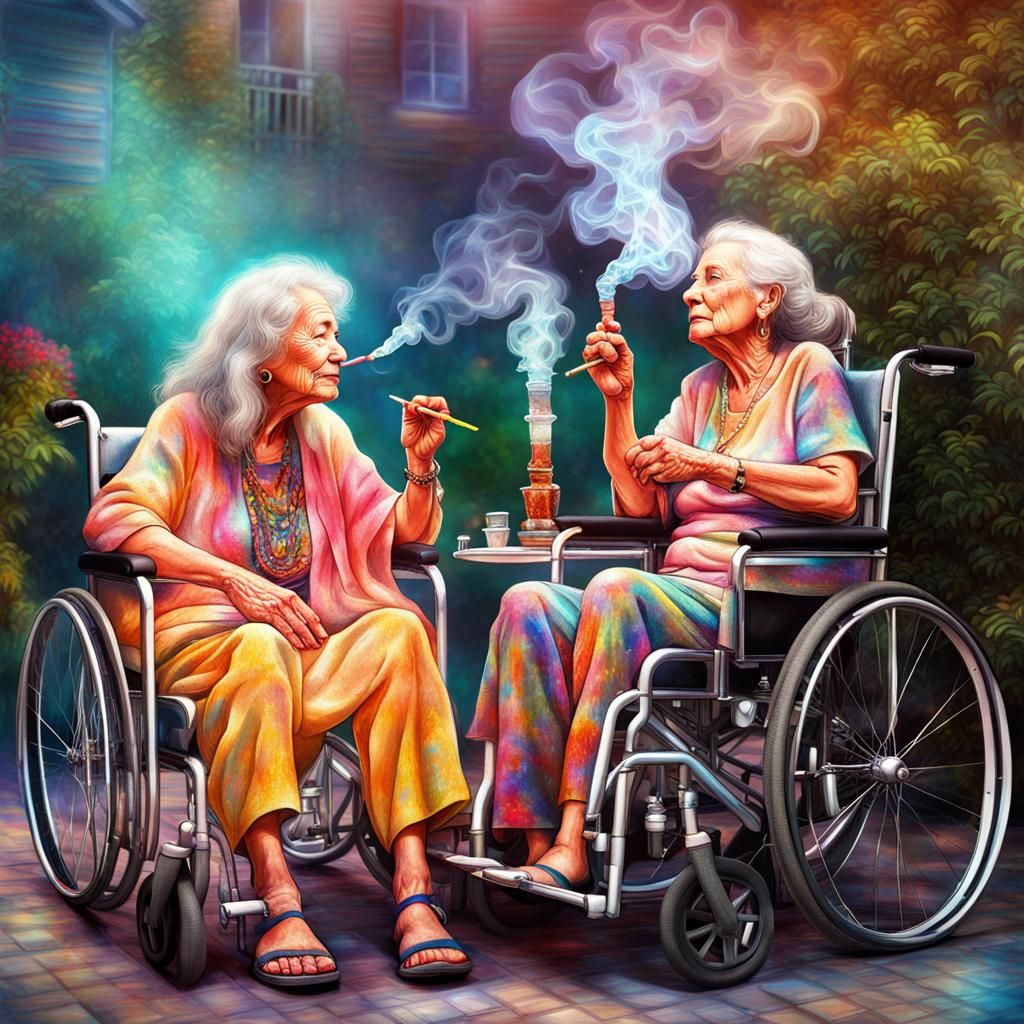 Elderly Hippie Women Smoking Hookah: Cosmic Illustration