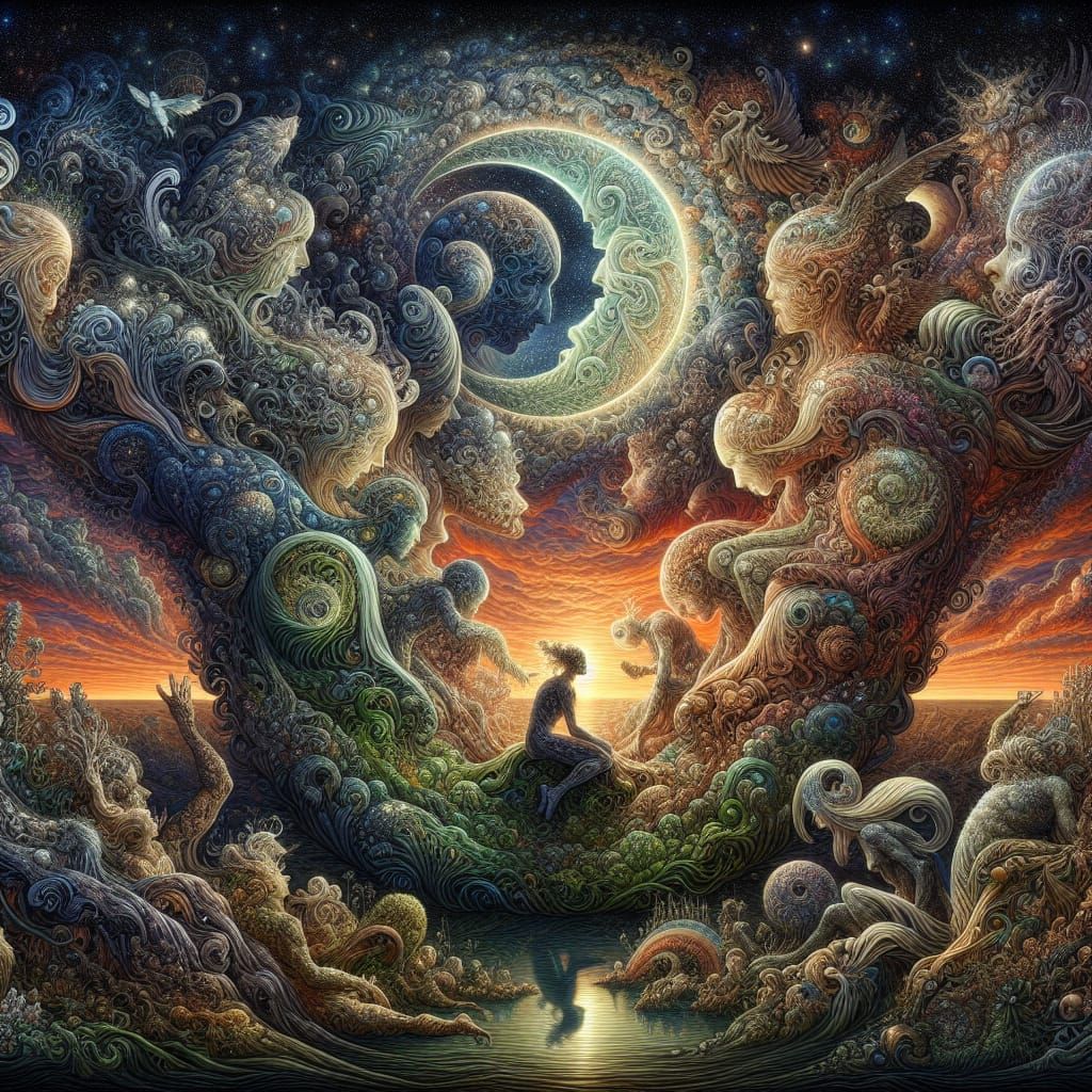 Moon Goddess Unites Mythical Beings in Vibrant Sunset Harmon...