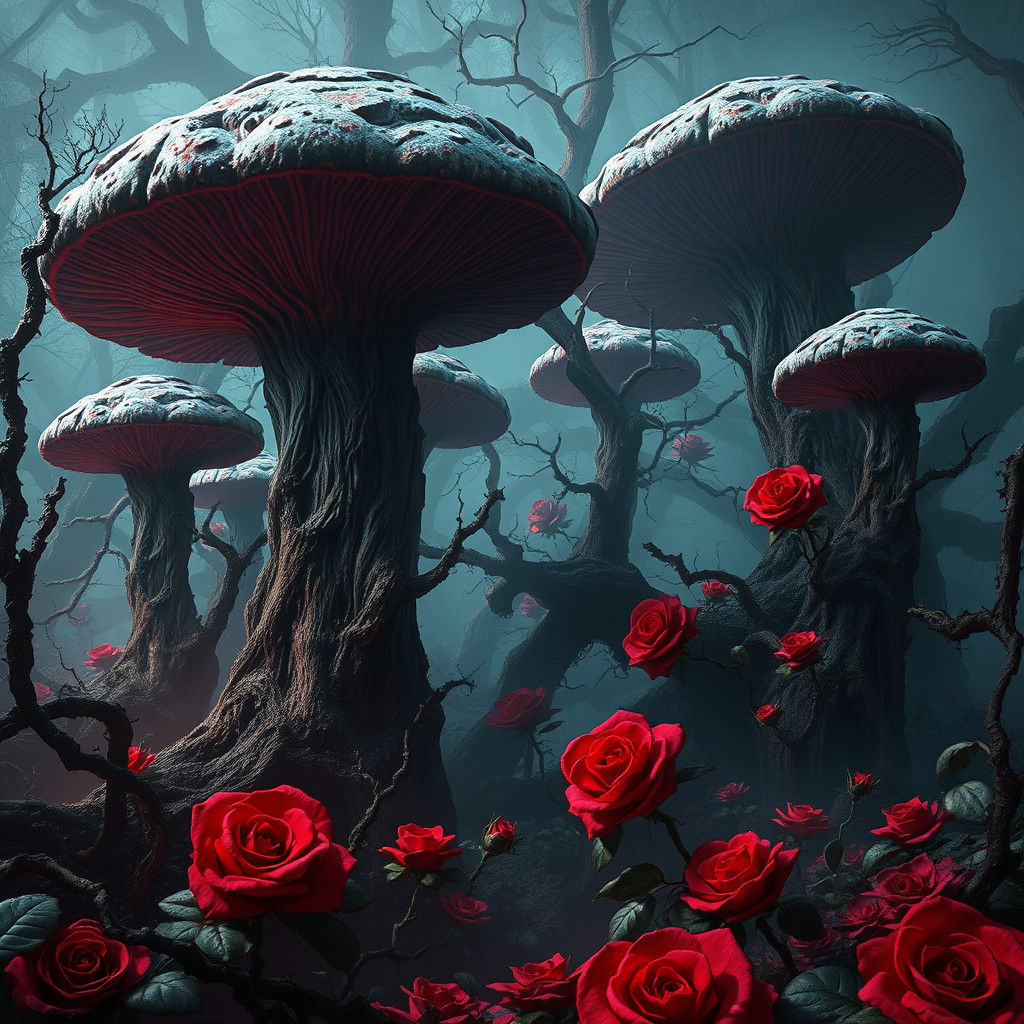 Ethereal, Dark Fungal Landscape with Twisted Trees and Colos...