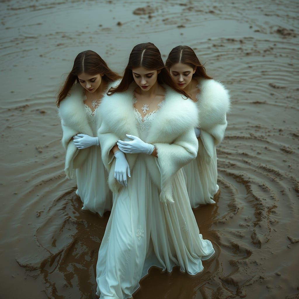 Mystical Communion Girls in Mud, Long White Dresses, Fur Jac...