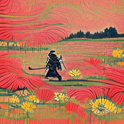 A samurai walking through a flower field trending on Artstation woodcut
