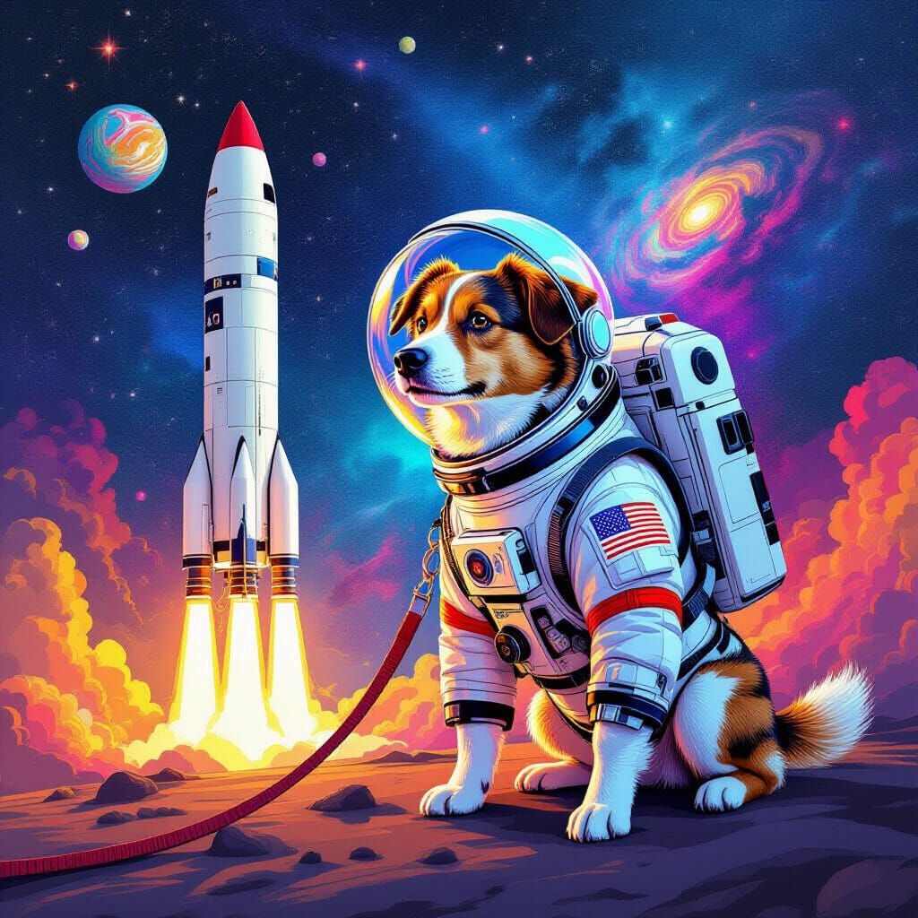Dog in Spacesuit on Spacewalk in Holographic Illustration
