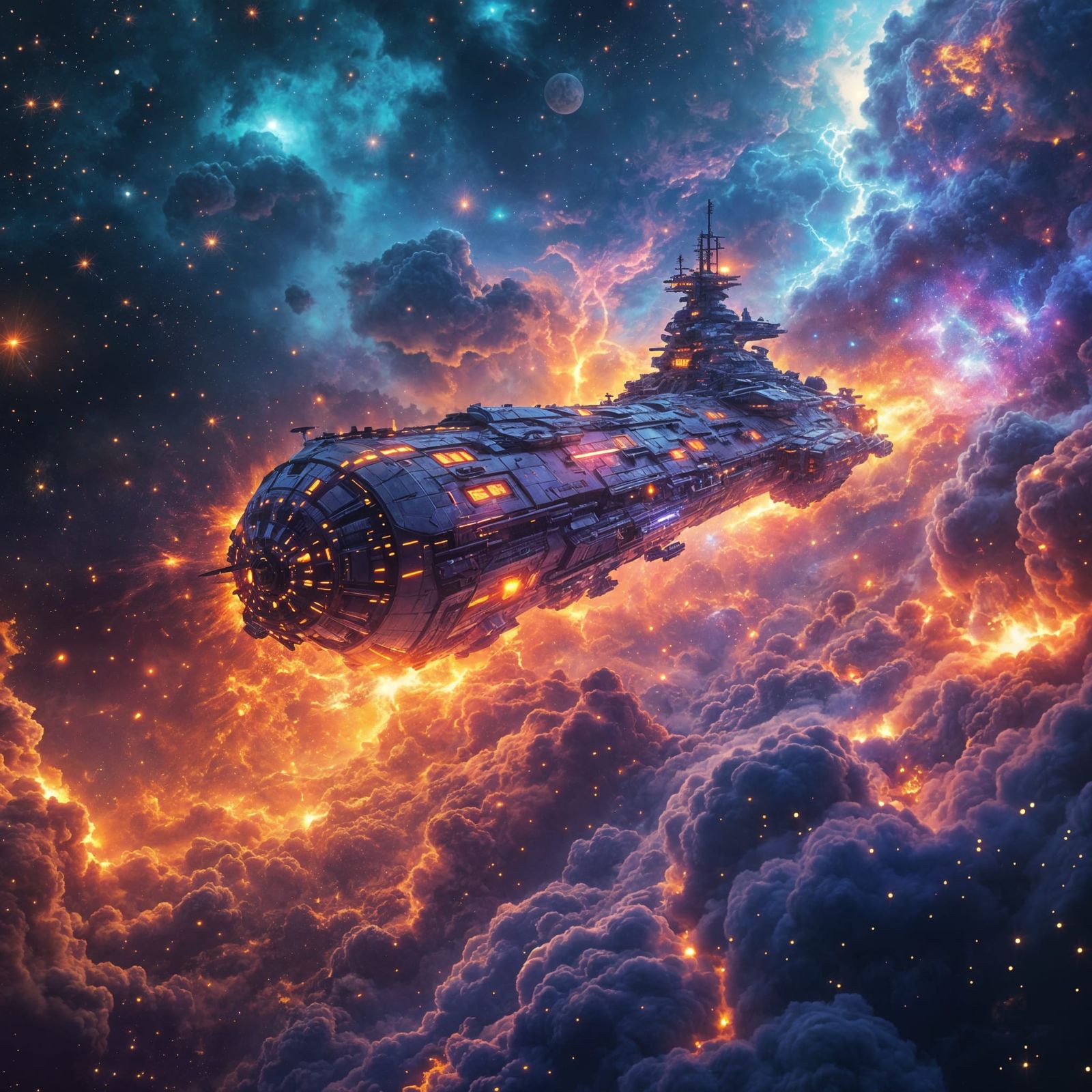 Surreal Cyberpunk Battle Viking Battleship Erupts from Solar...