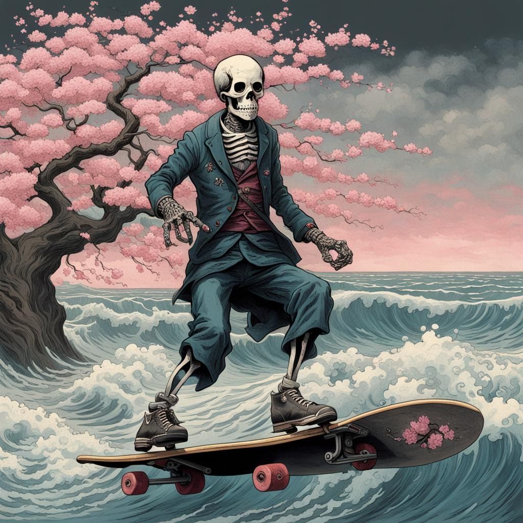 Punk Rock Skeleton Rides Wave with Bonsai