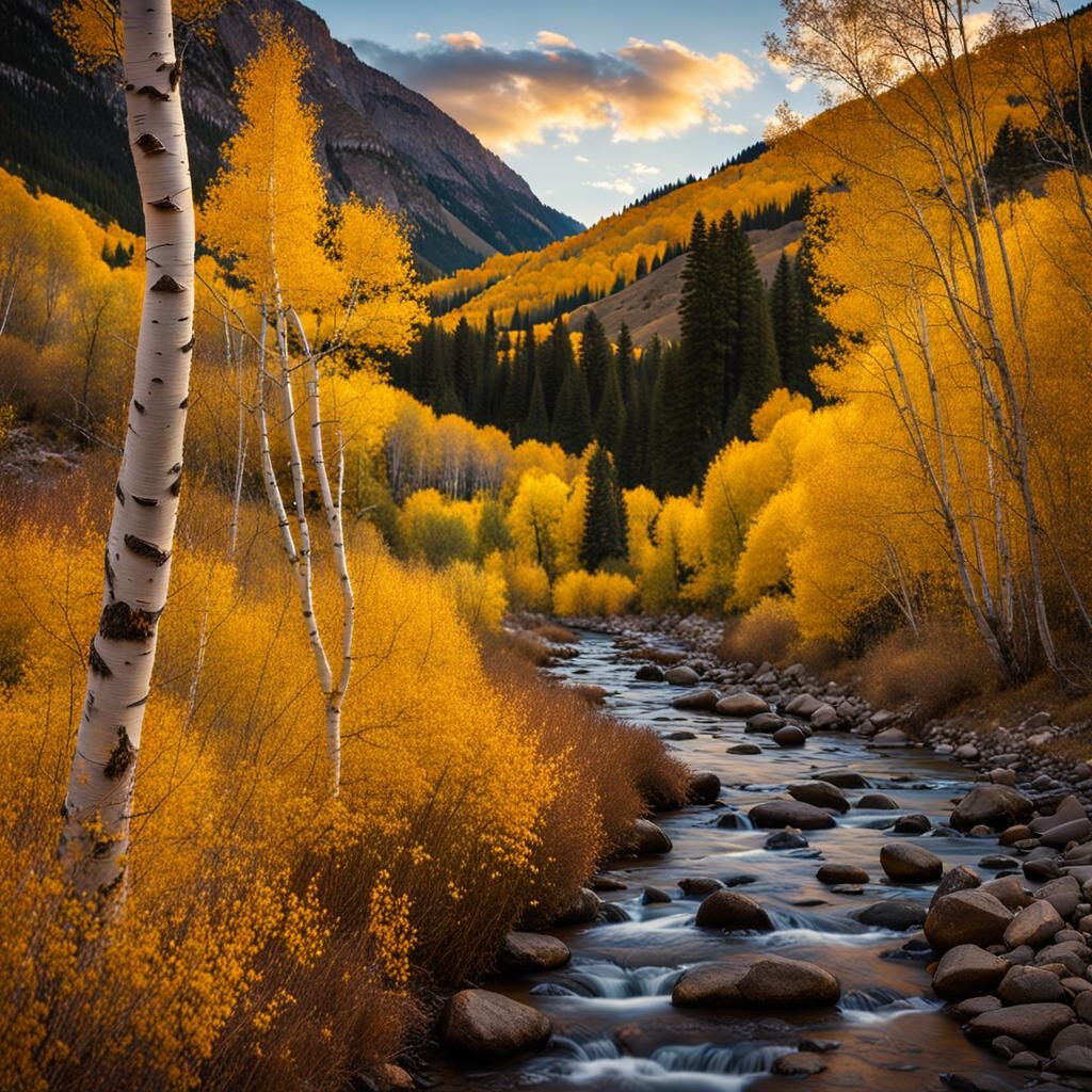Mountain Stream with Golden Aspen in Magic Hour