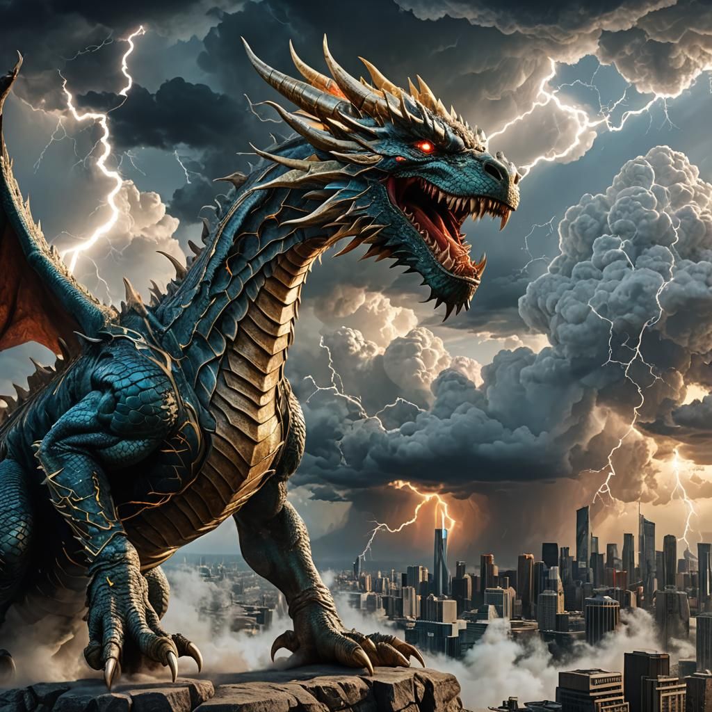 Colossal Lightning Dragon Over Metropolis in Ultra-Realistic...