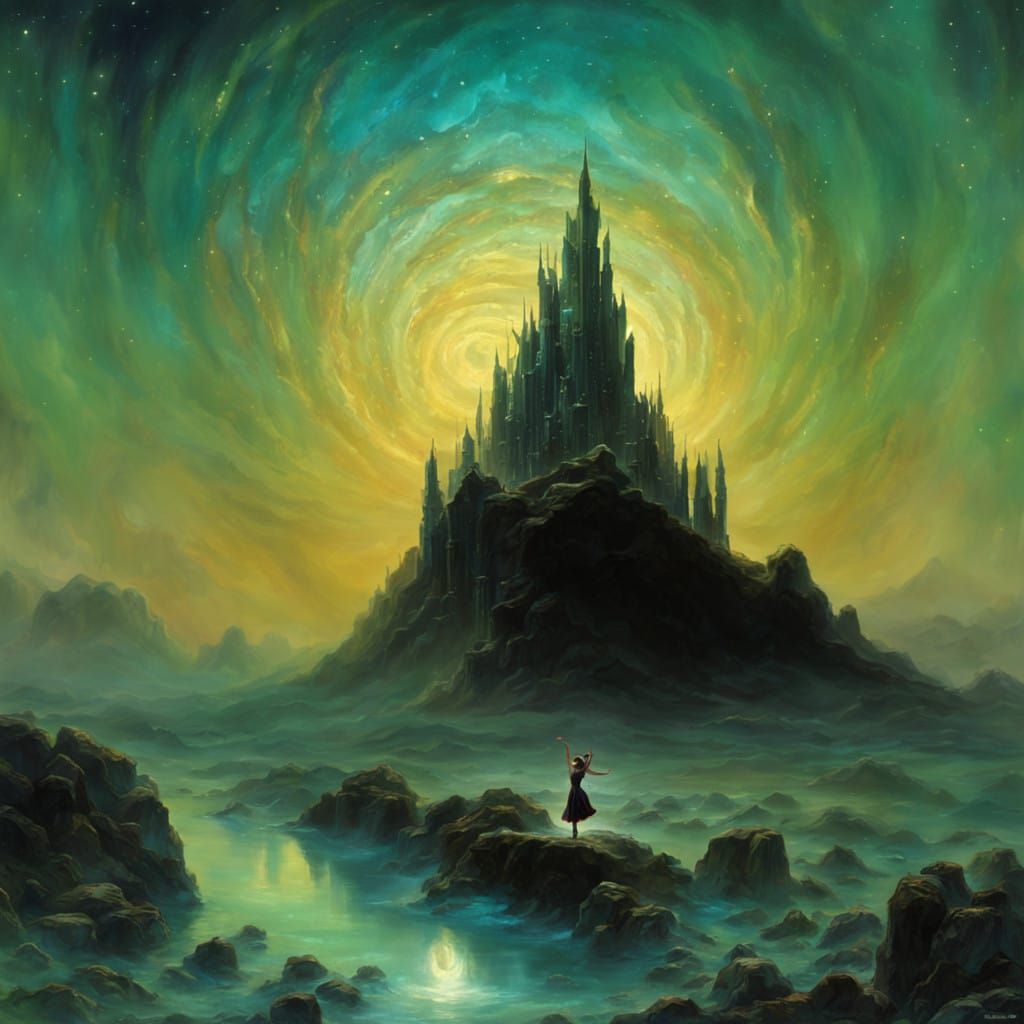 Ethereal Dancer in Cosmic Vortex, Whimsical Academic Art