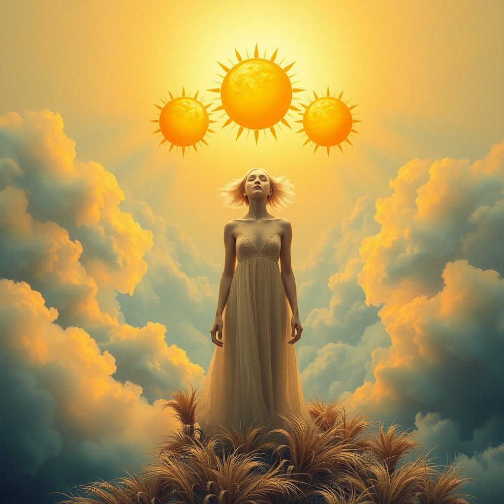 Surreal Woman Unleashes Three Suns on a Dreamy World