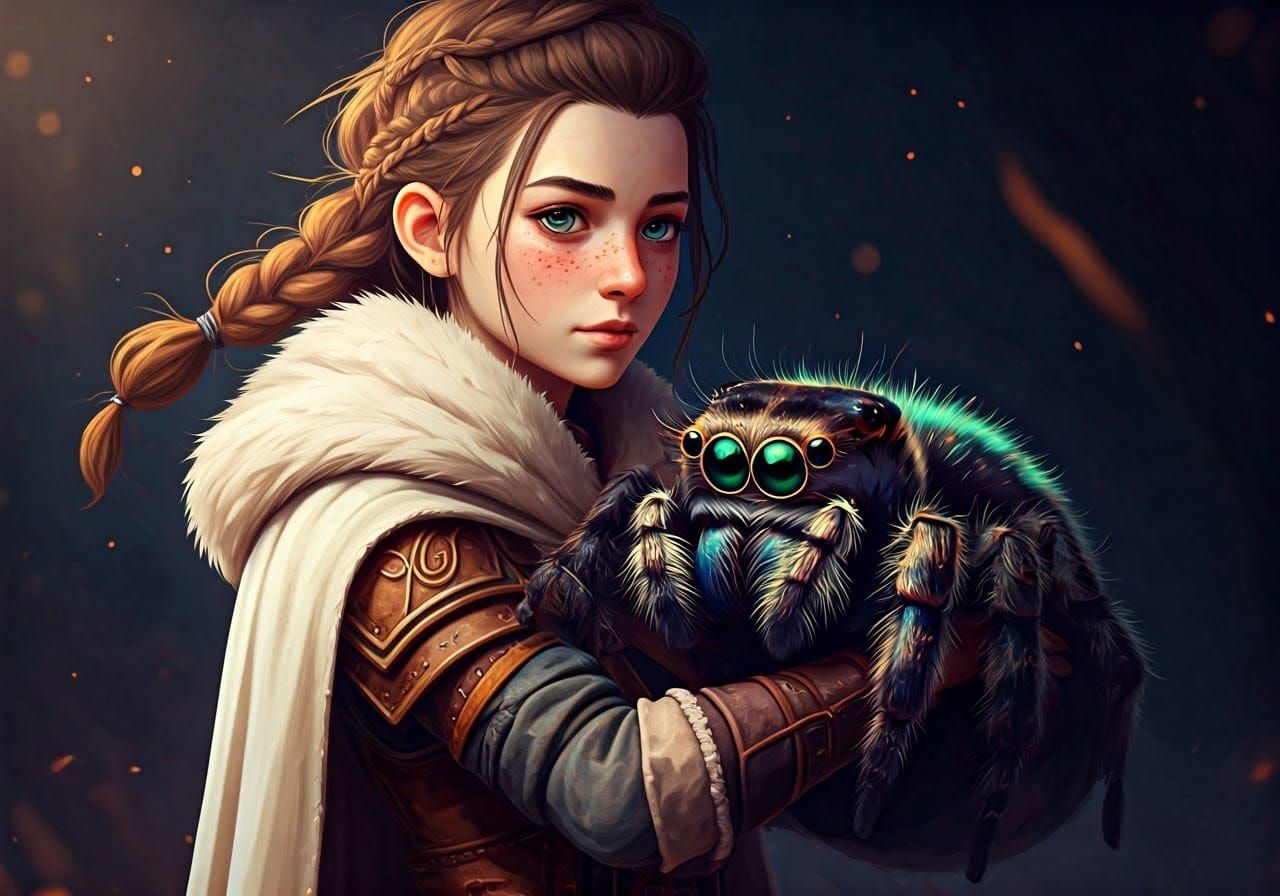 Fantasy Adventurer and Giant Spider in Ethereal Light