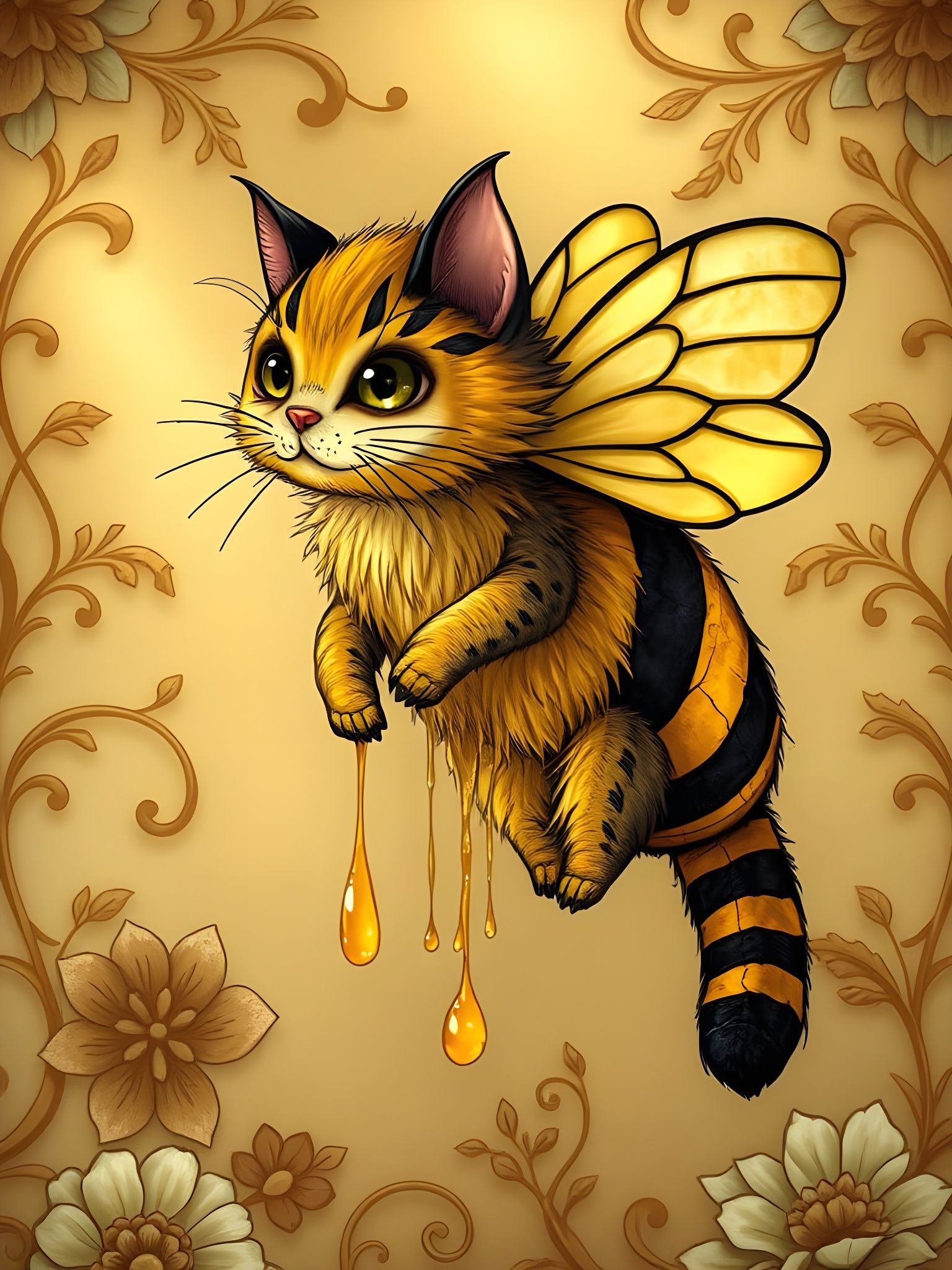 Mythical Bee-Cat with Stained Glass Wings
