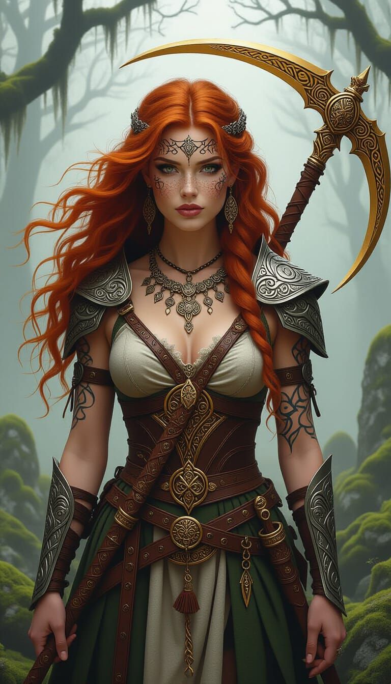Celtic Druid Warrior Woman in Ancient Forest