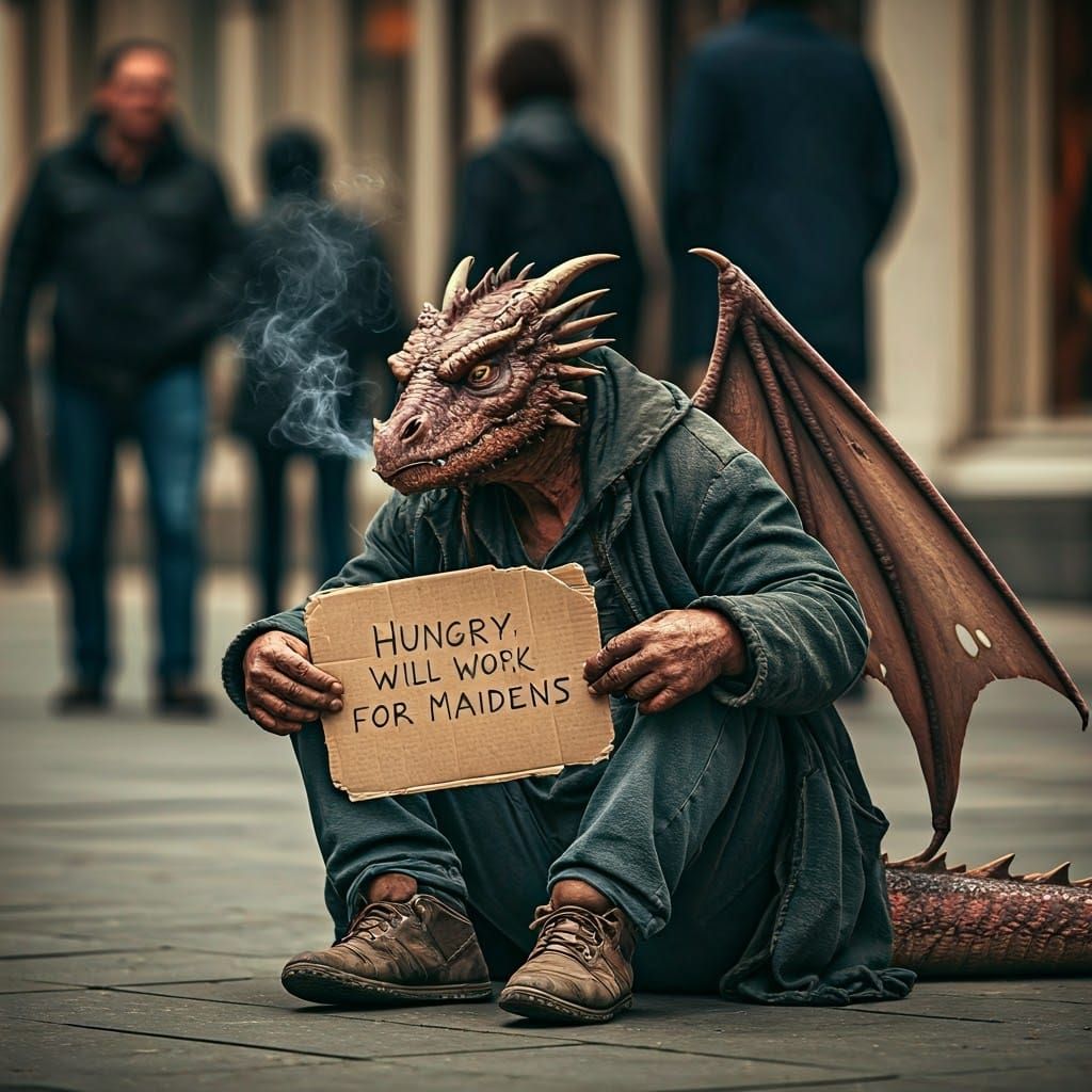 Homeless Dragon Begs for Maidens: Ultra-Detailed Photograph