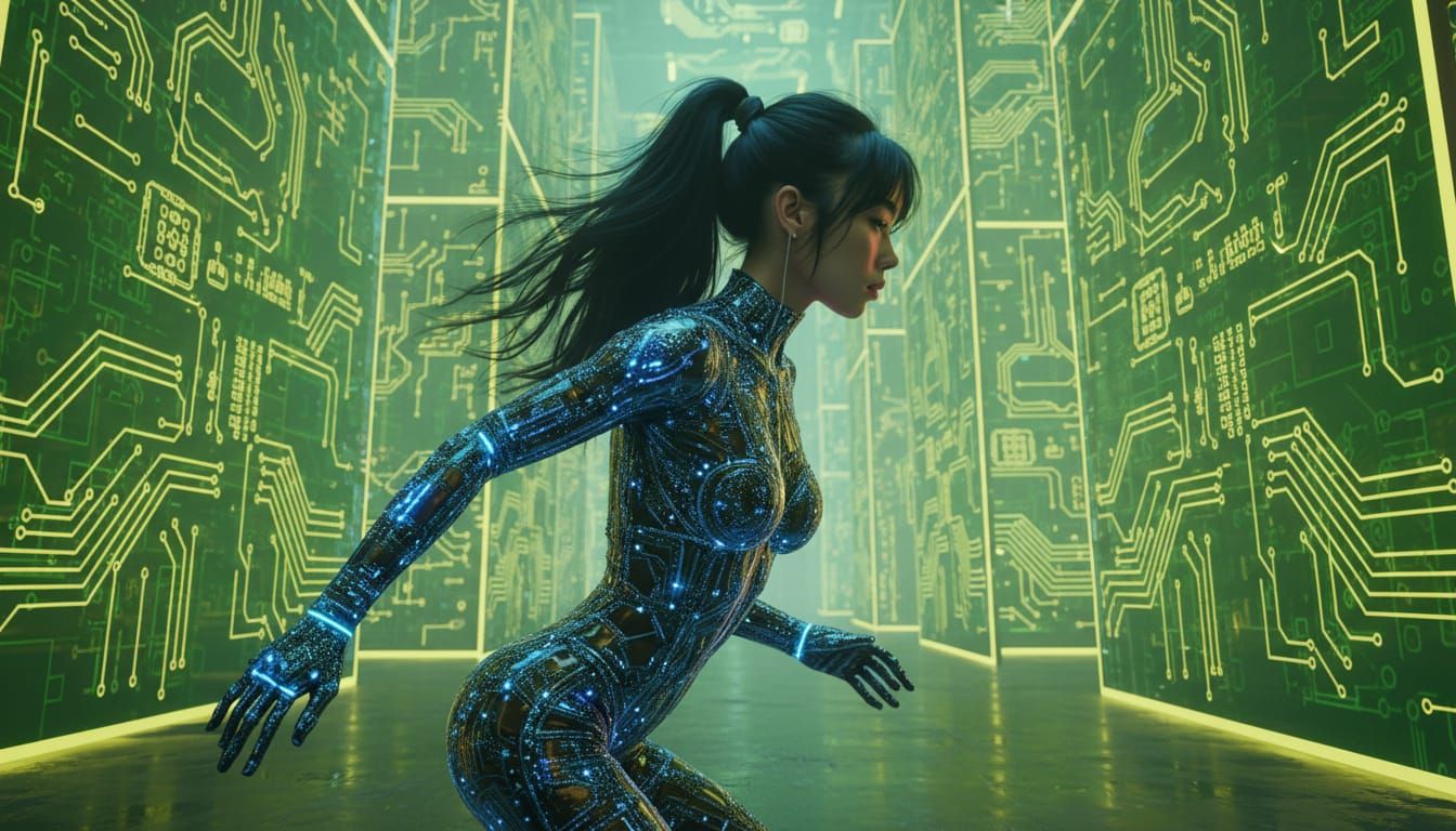 Japanese Woman in Cyberpunk Bodysuit Explores Cyberspace Maz...