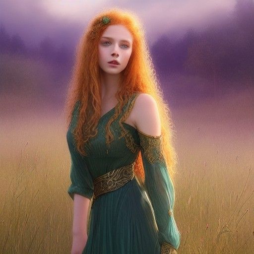 Ethereal Woman in Medieval Meadow, Art Nouveau Style