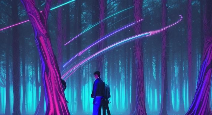 Couple in Neon Metal Forest: Psychedelic Dreamscape