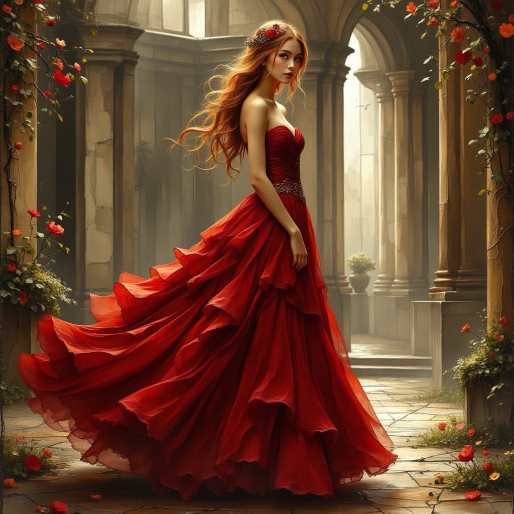 Elegant Princess in Red Gown at Castle Courtyard