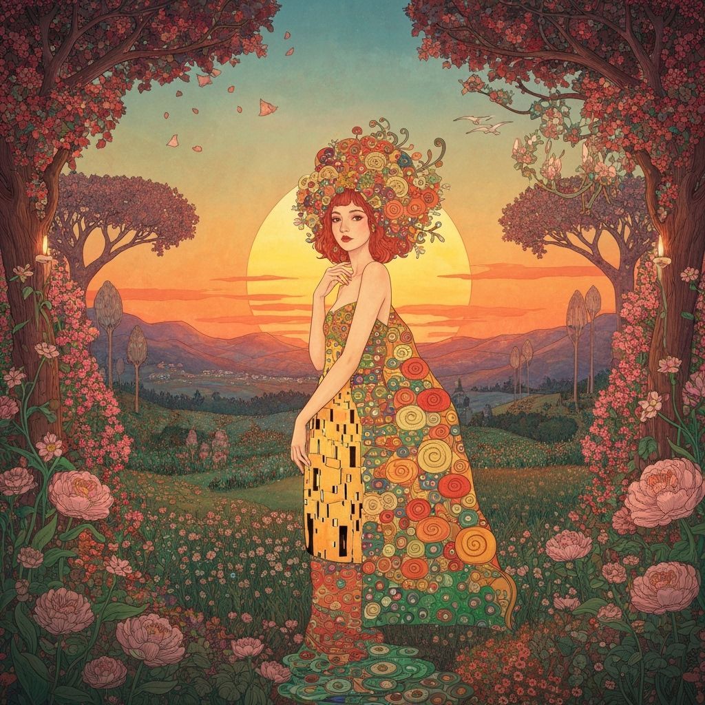 Sunset Woman in Surreal Floral Forest