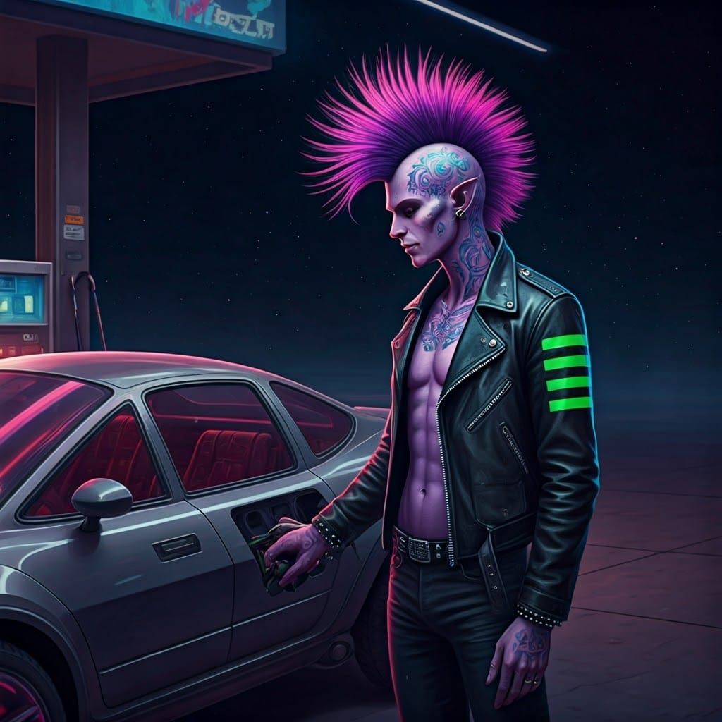 Punk Alien at Outer-Space Gas Station in Art Nouveau Style