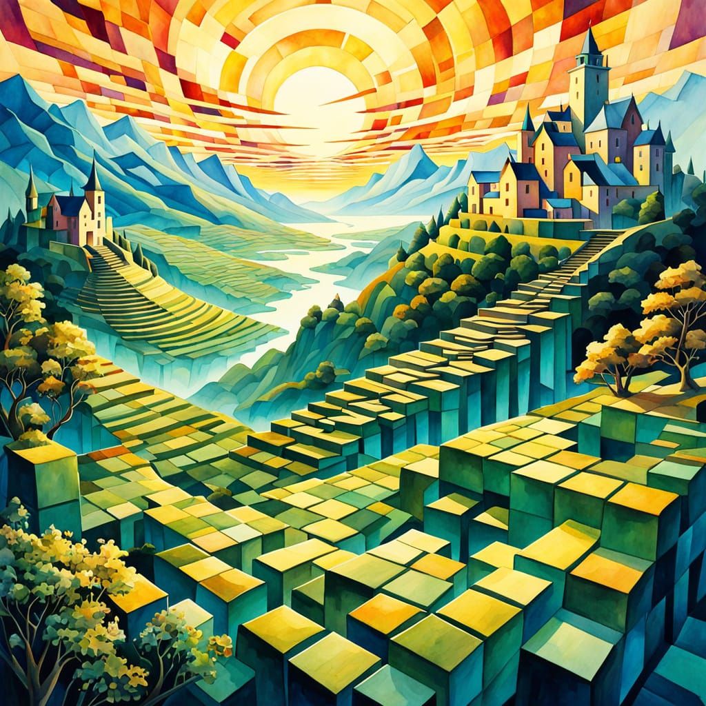 Surreal Fantasy Landscape with Geometric Harmony