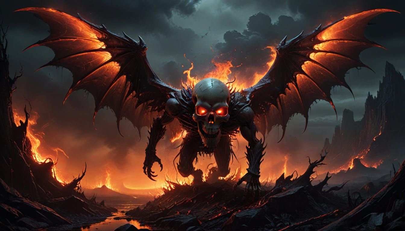 a flaming demonic skull with hellish wings