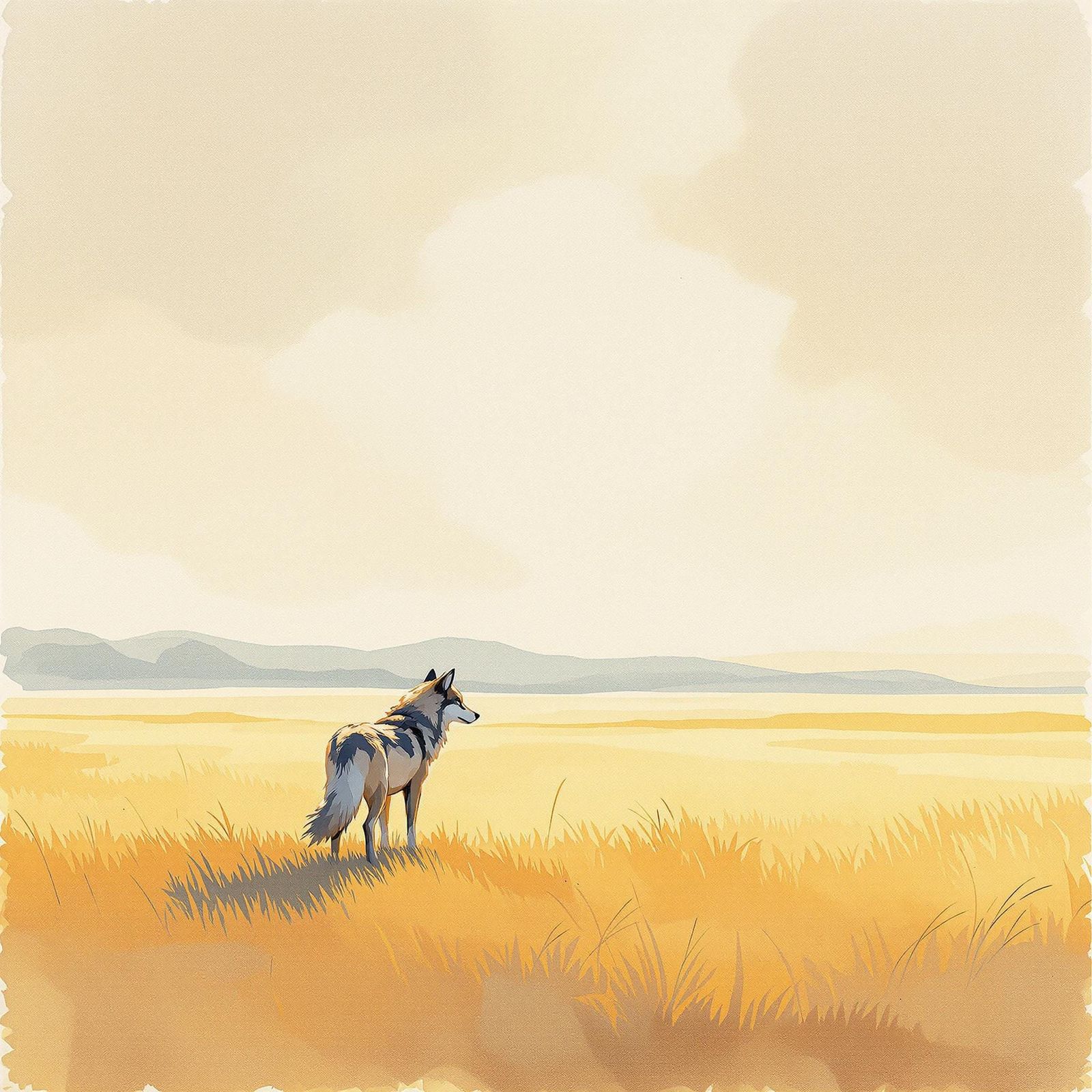 Lone Wolf in Summer Tundra Watercolor Painting