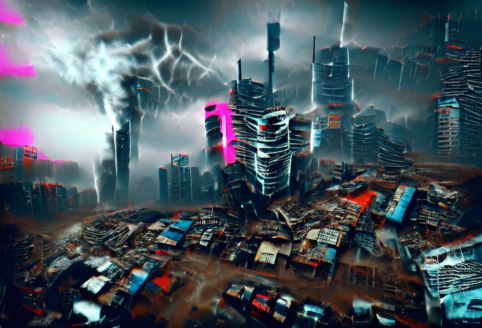 Tornado Destroys Cyberpunk Cityscape with Neon Glow
