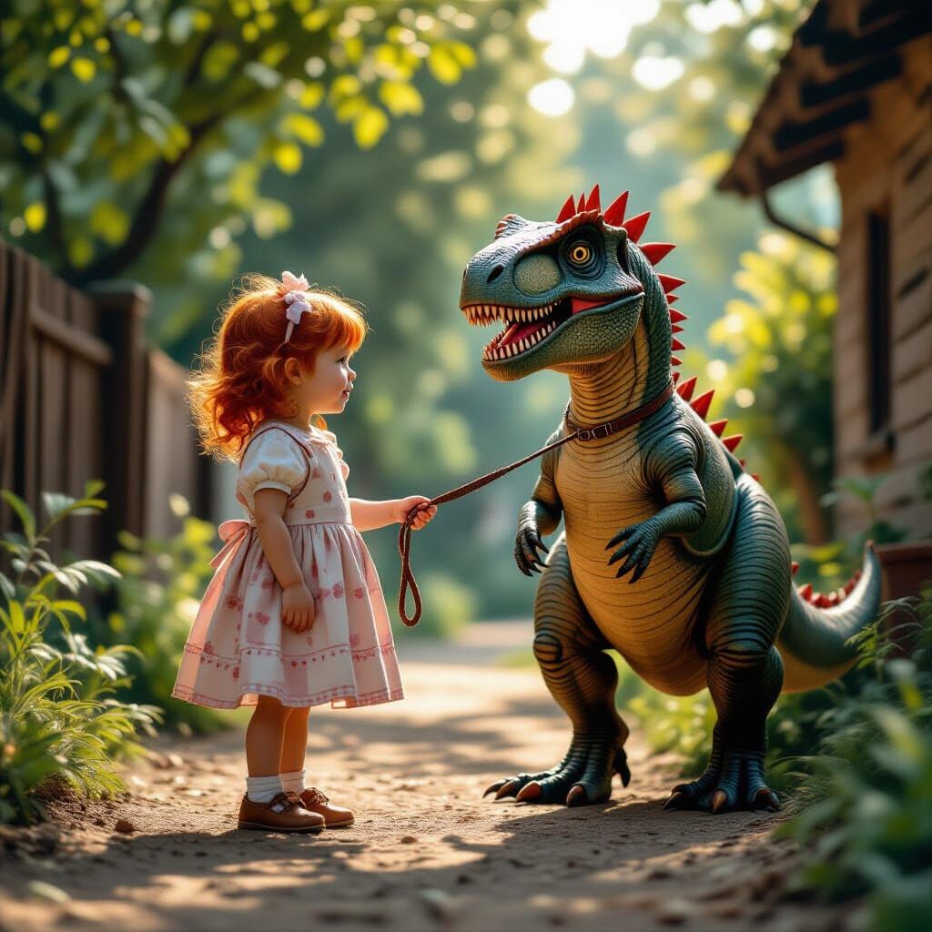 Girl Leads Pet Dinosaur by Leash in Cinematic Film Still