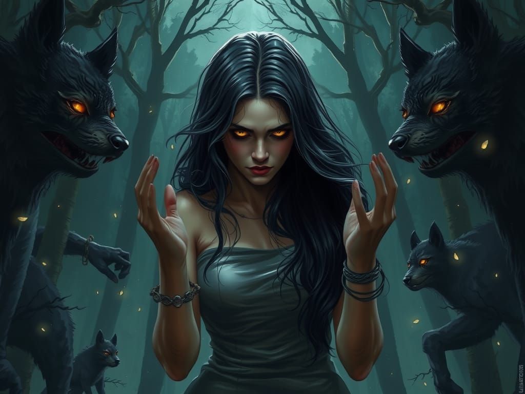 Eerie Forest: Woman Surrounded by Wolf Shadows