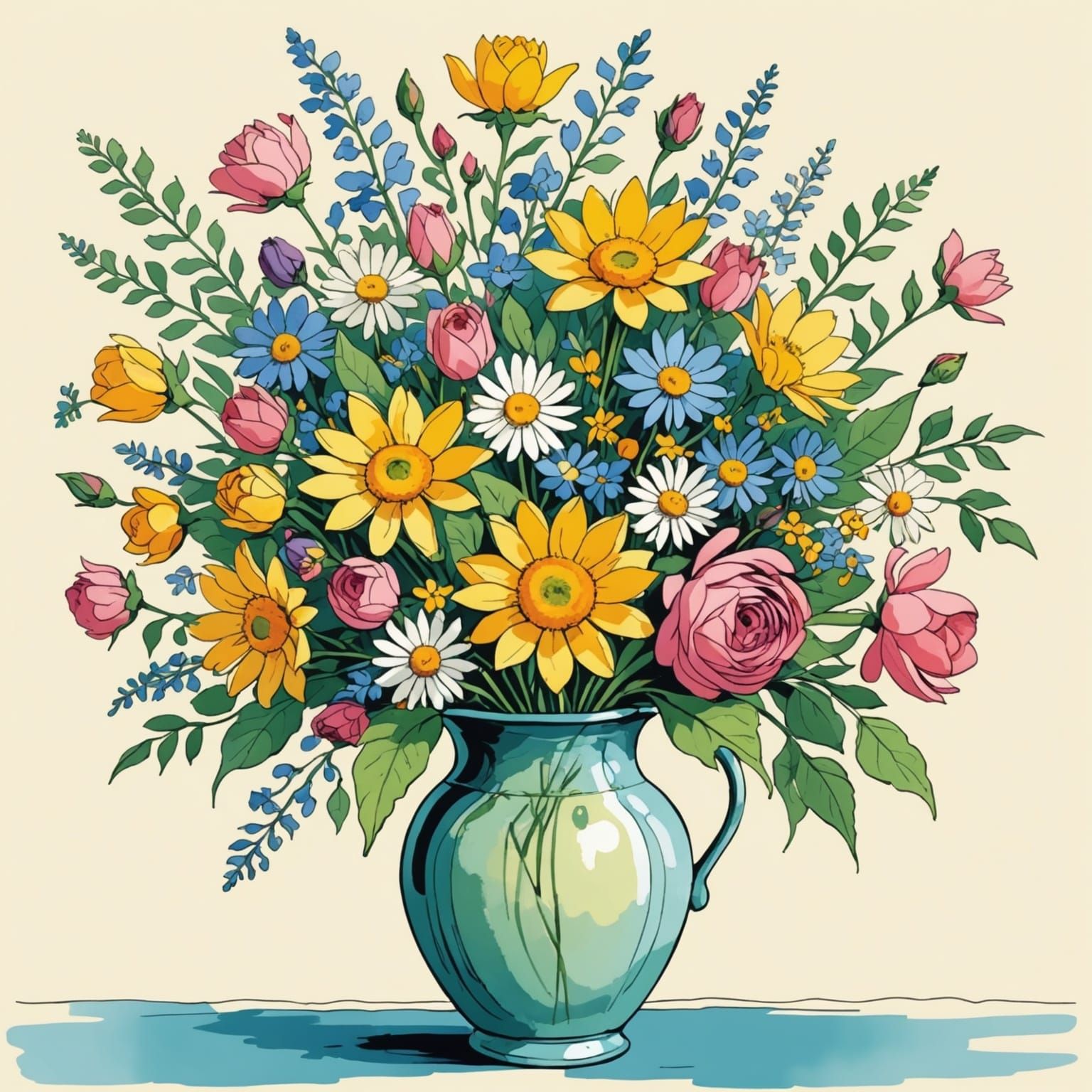 Colorful Cartoon Vase of Flowers, Children's Illustration