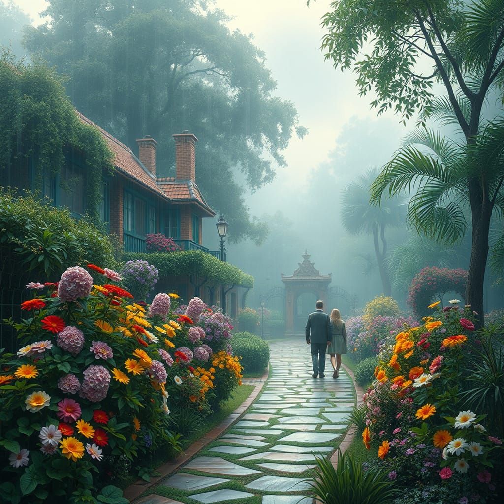 Loving Couple Strolling Hand in Hand in a Vibrant Flower Gar...