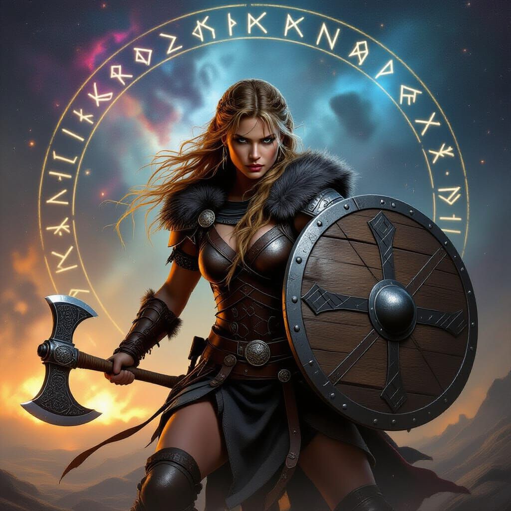 Norse Shieldmaiden Swings Axe Amidst Cosmic Nebulae and Rune...