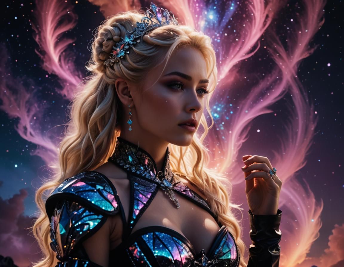 Ethereal Woman Praying in Cosmic Aurora