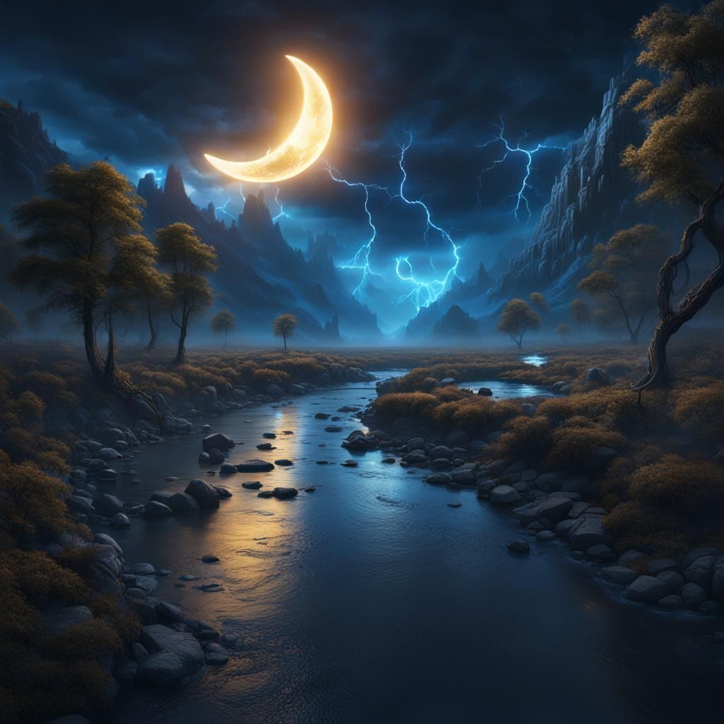 River at Night: Crescent Moon and Blue Lightning