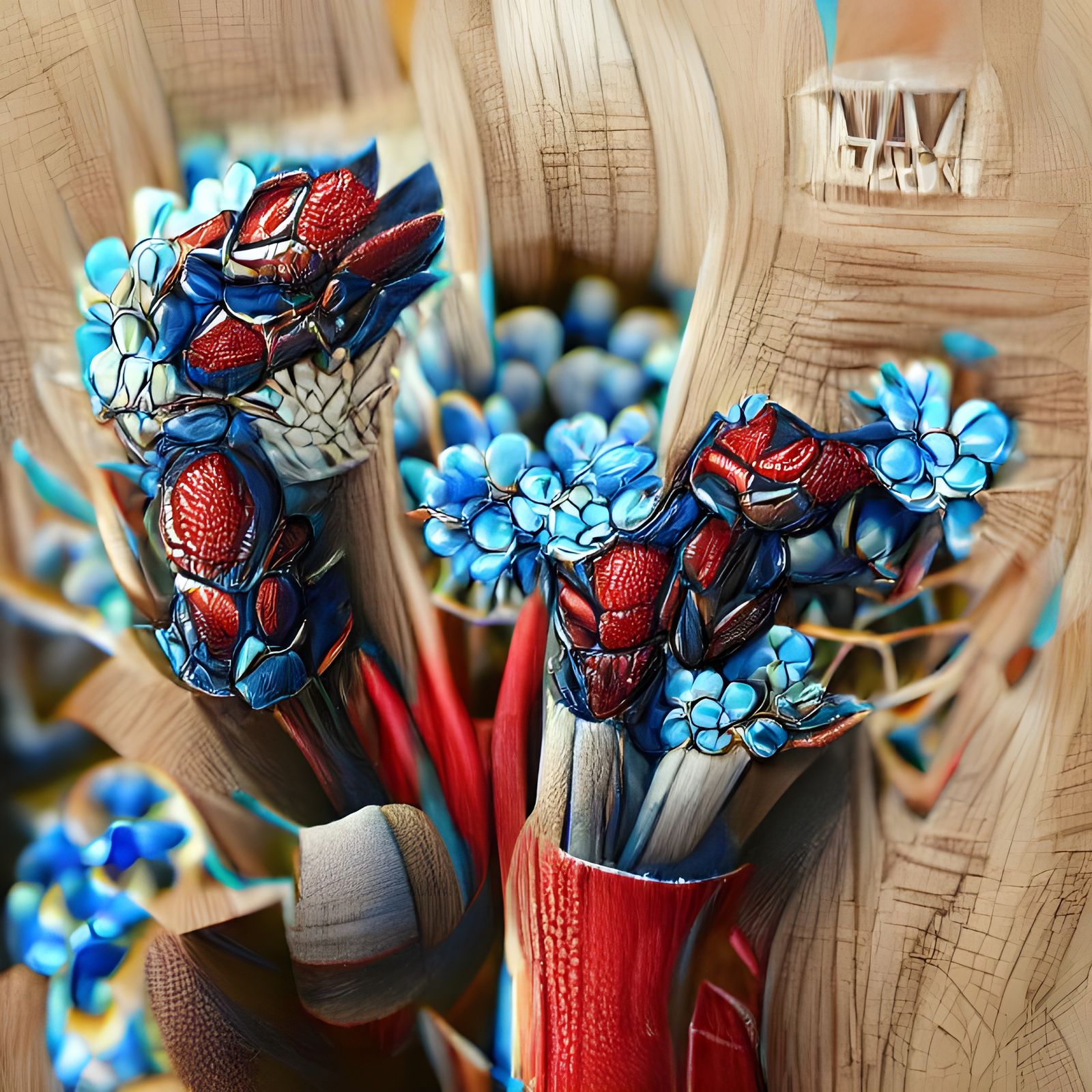 Detailed Blue Flowers with Red Stems, Botanical Art