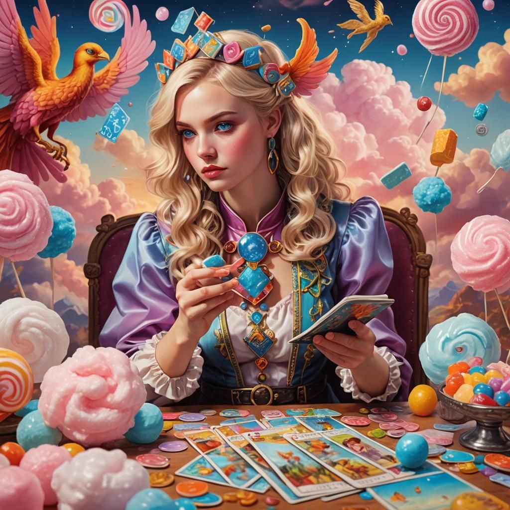 Blonde Tarot Reader with Phoenix in Candy Art