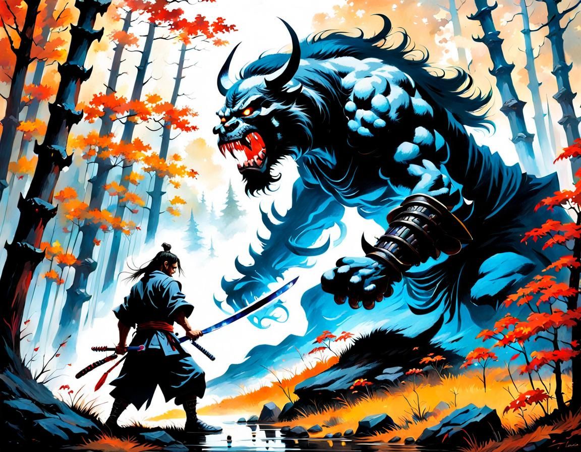 Samurai vs Demon in Siberian Forest, Fantasy Art